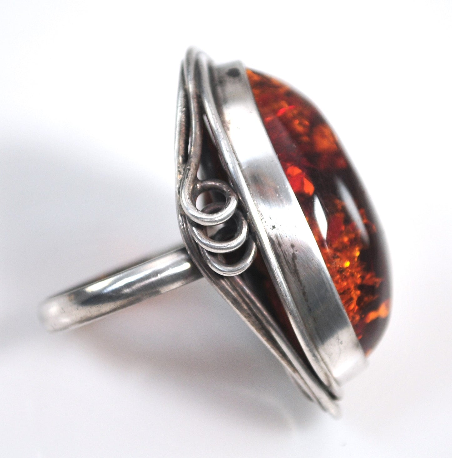 Large Vintage Sterling Silver Amber Ring