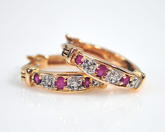 Designer Gold over Sterling Ruby Diamond Hoop Earrings