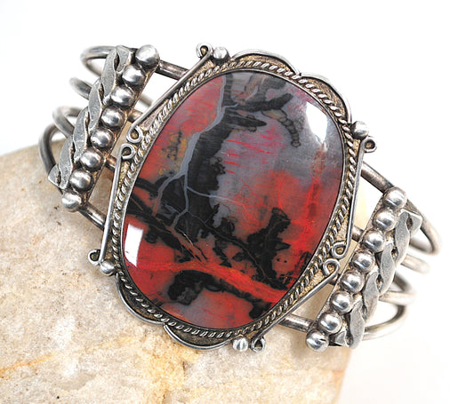 Native American Sterling Silver Petrified Wood Cuff Bracelet