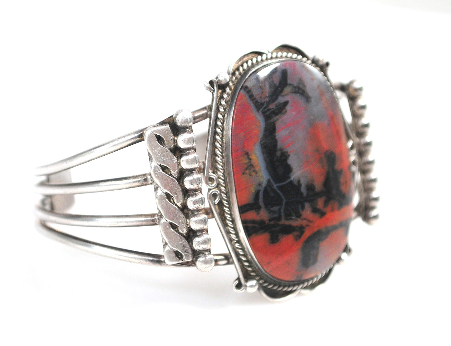 Native American Sterling Silver Petrified Wood Cuff Bracelet