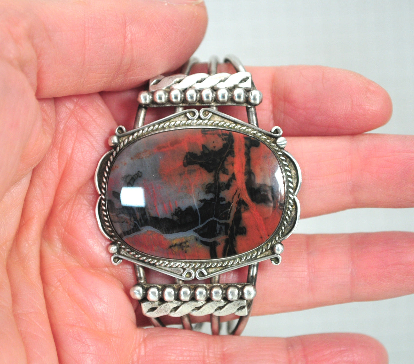 Native American Sterling Silver Petrified Wood Cuff Bracelet