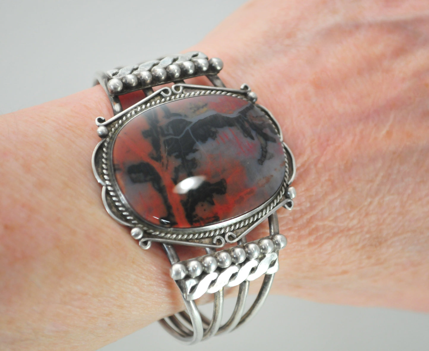Native American Sterling Silver Petrified Wood Cuff Bracelet