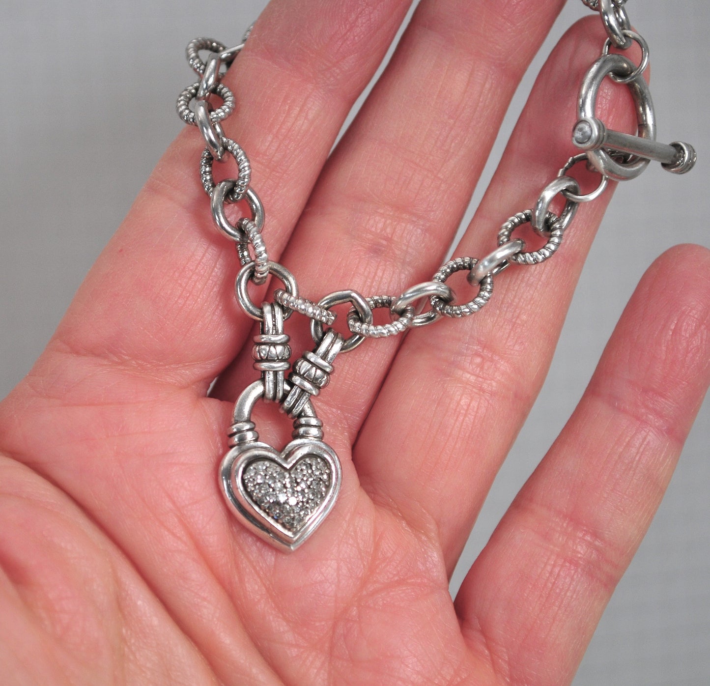 Sterling Silver Diamond Heart Charm Bracelet