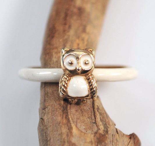 Signed Enamel and Gold over Sterling Silver Owl Ring