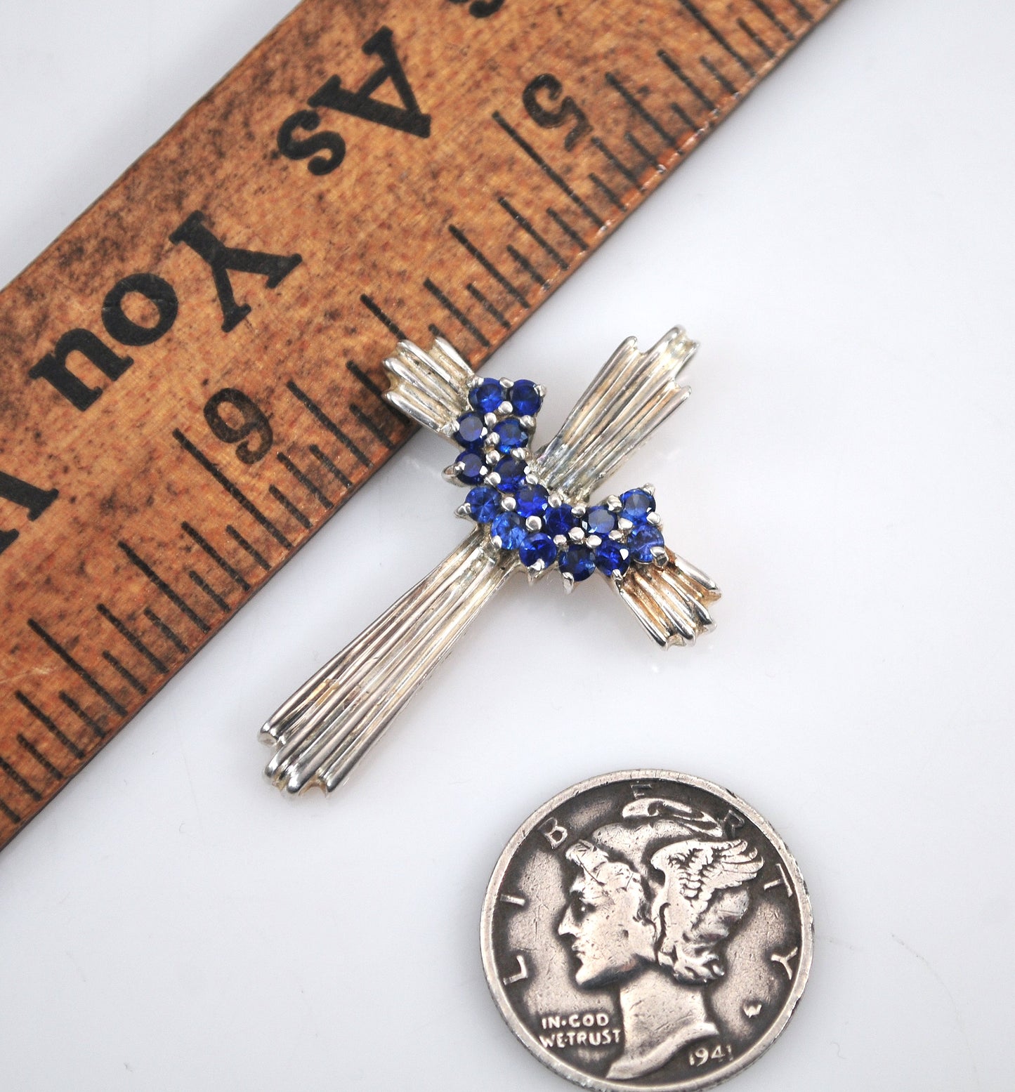 Signed 925 Lab Sapphire Cross Pendant