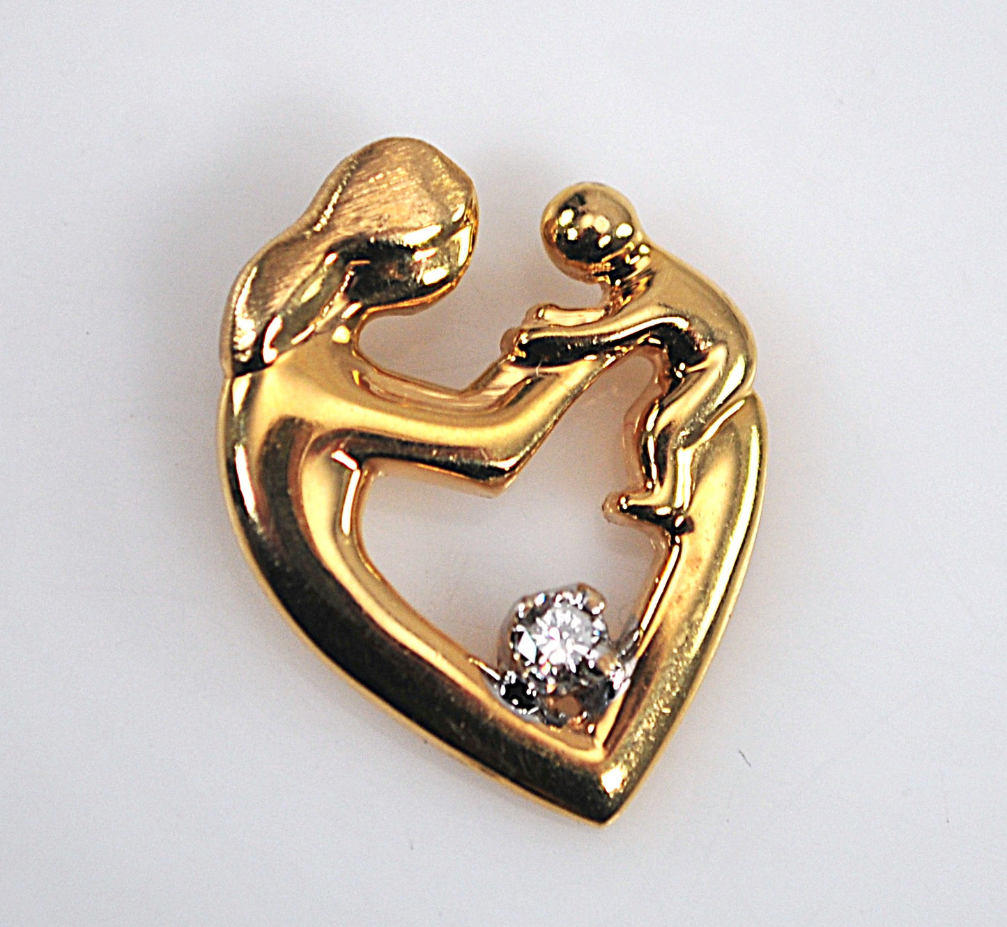 Signed 14K Gold Diamond Mother Child Pendant