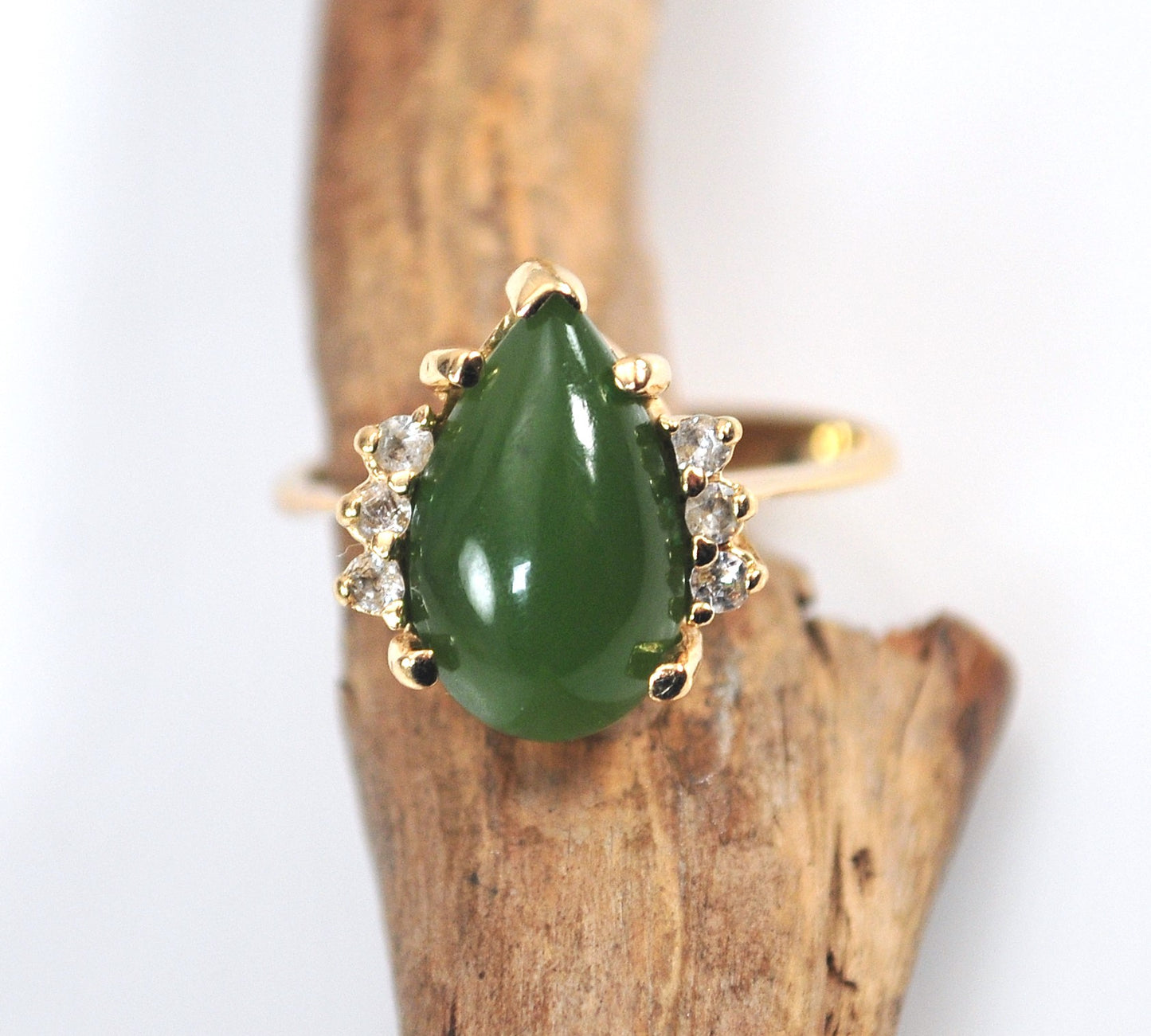 14K Gold Jade Ring with CZ Accents