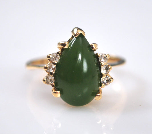 14K Gold Jade Ring with CZ Accents