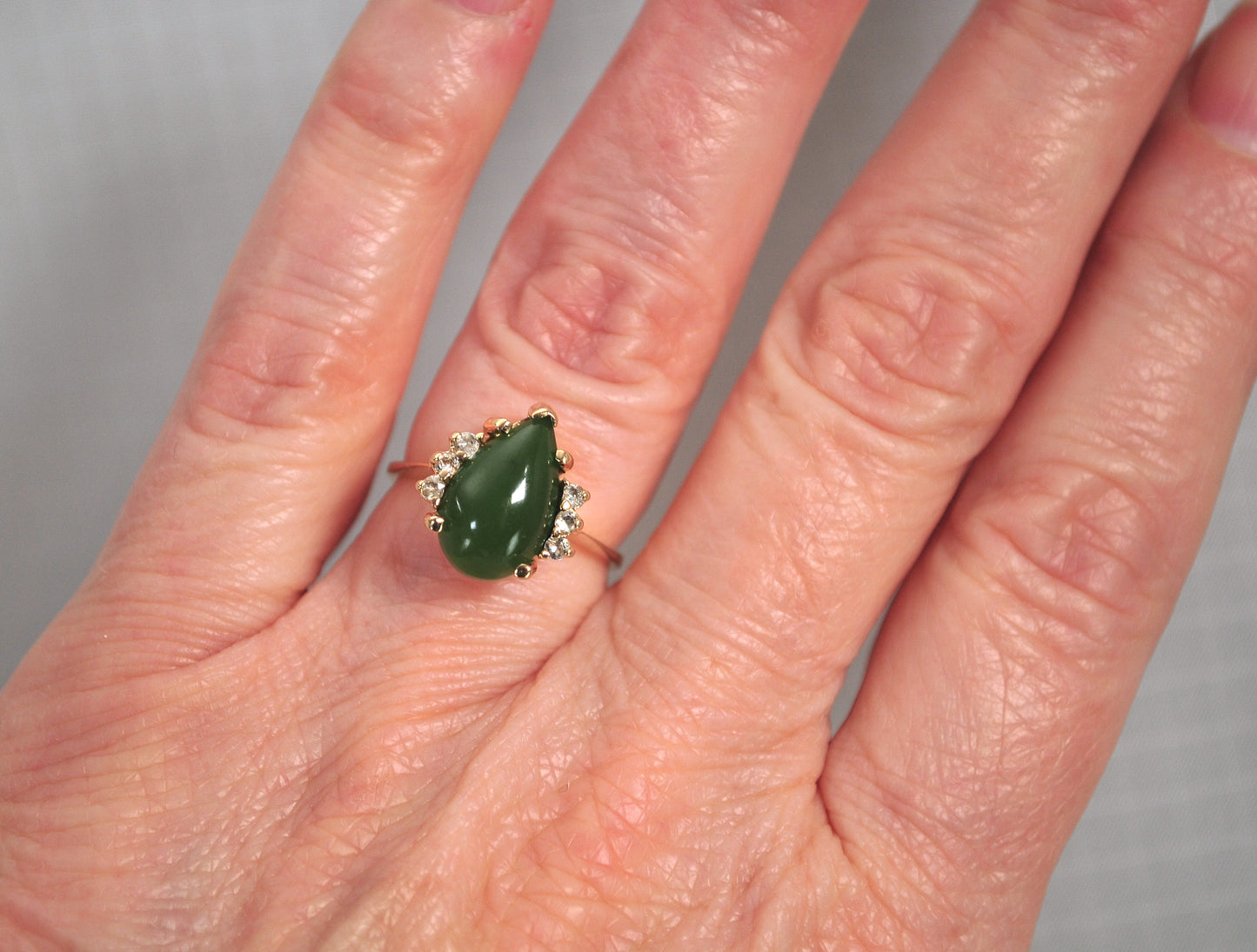 14K Gold Jade Ring with CZ Accents