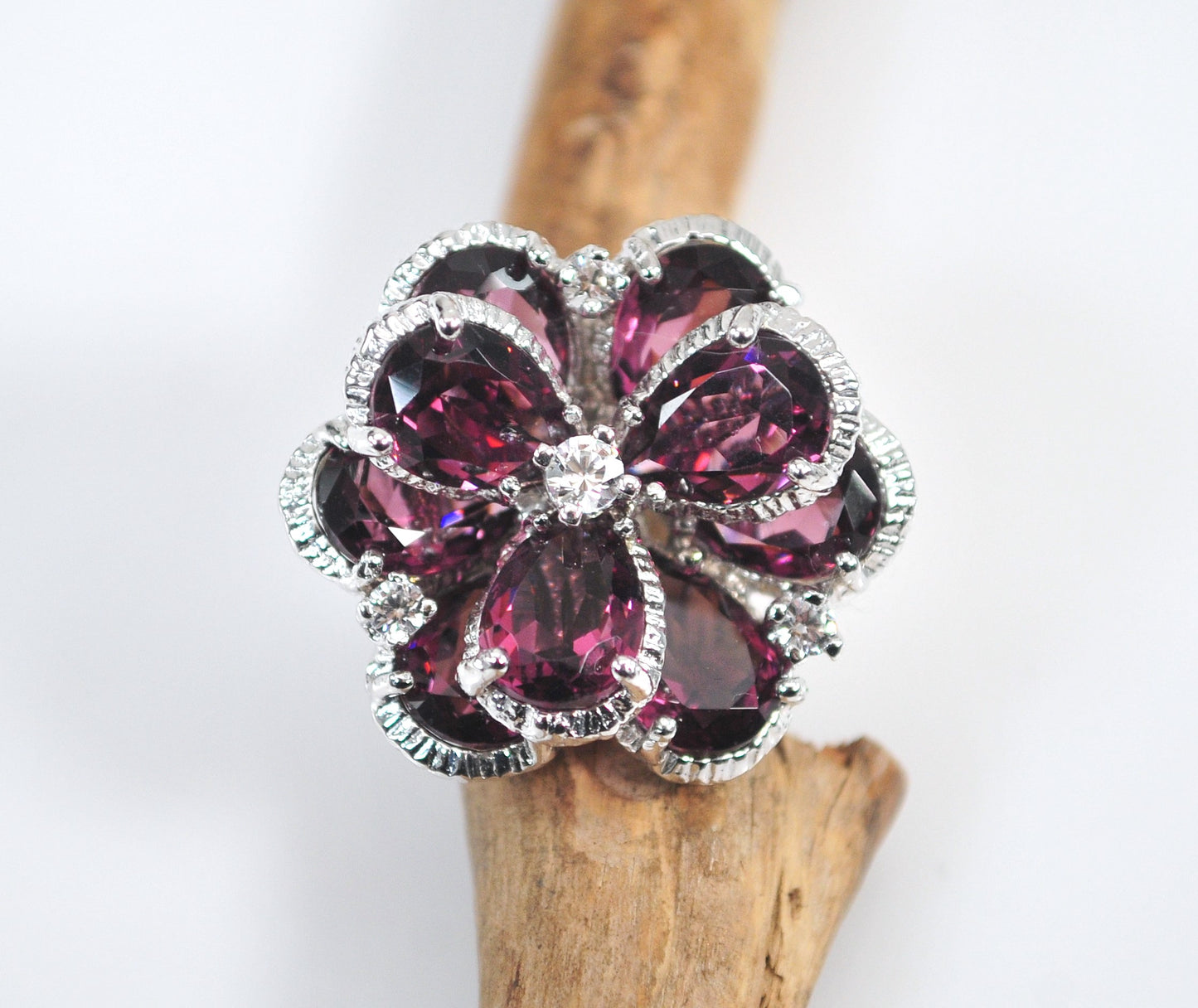 Chunky Sterling Silver Purple Flower Bling Ring