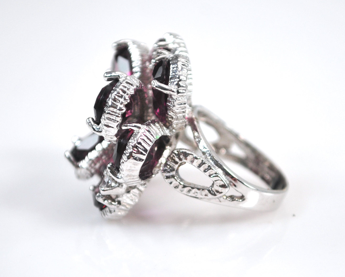 Chunky Sterling Silver Purple Flower Bling Ring