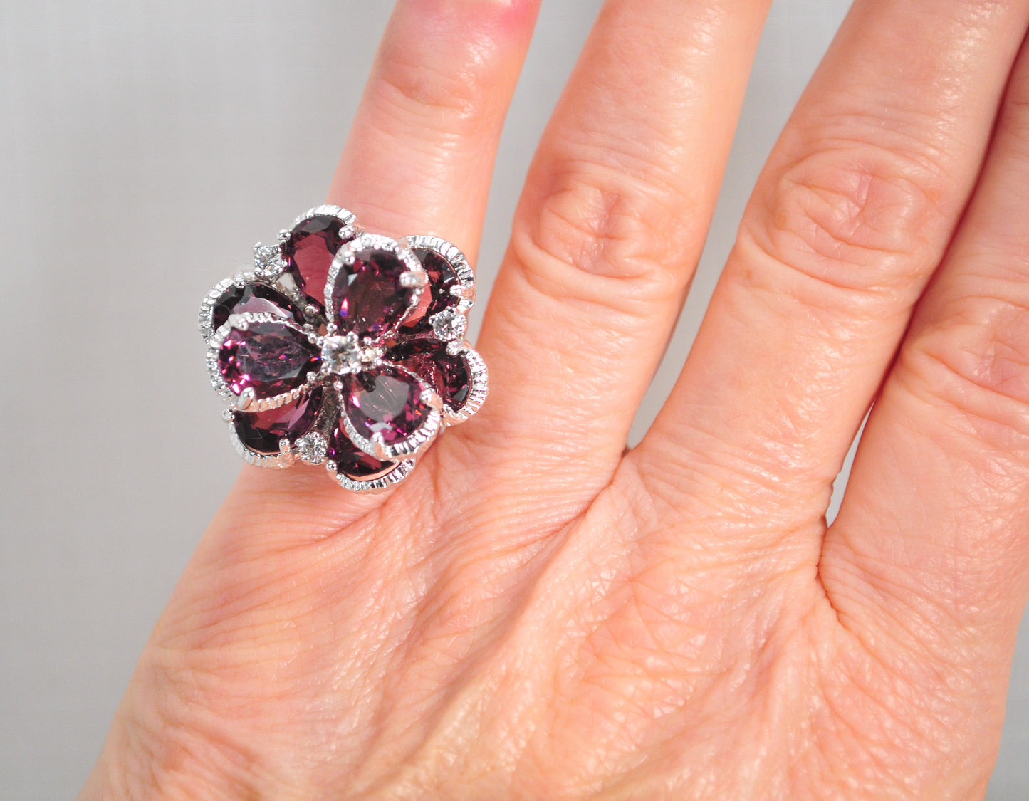Chunky Sterling Silver Purple Flower Bling Ring