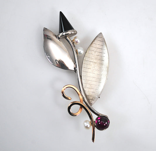Artisan Sterling Silver 14K Gold Flower Brooch