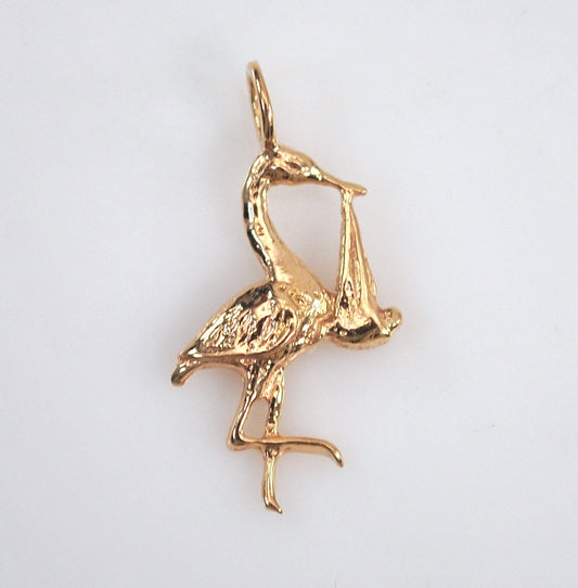 SMALL 14K Gold Stork with Baby Charm Pendant