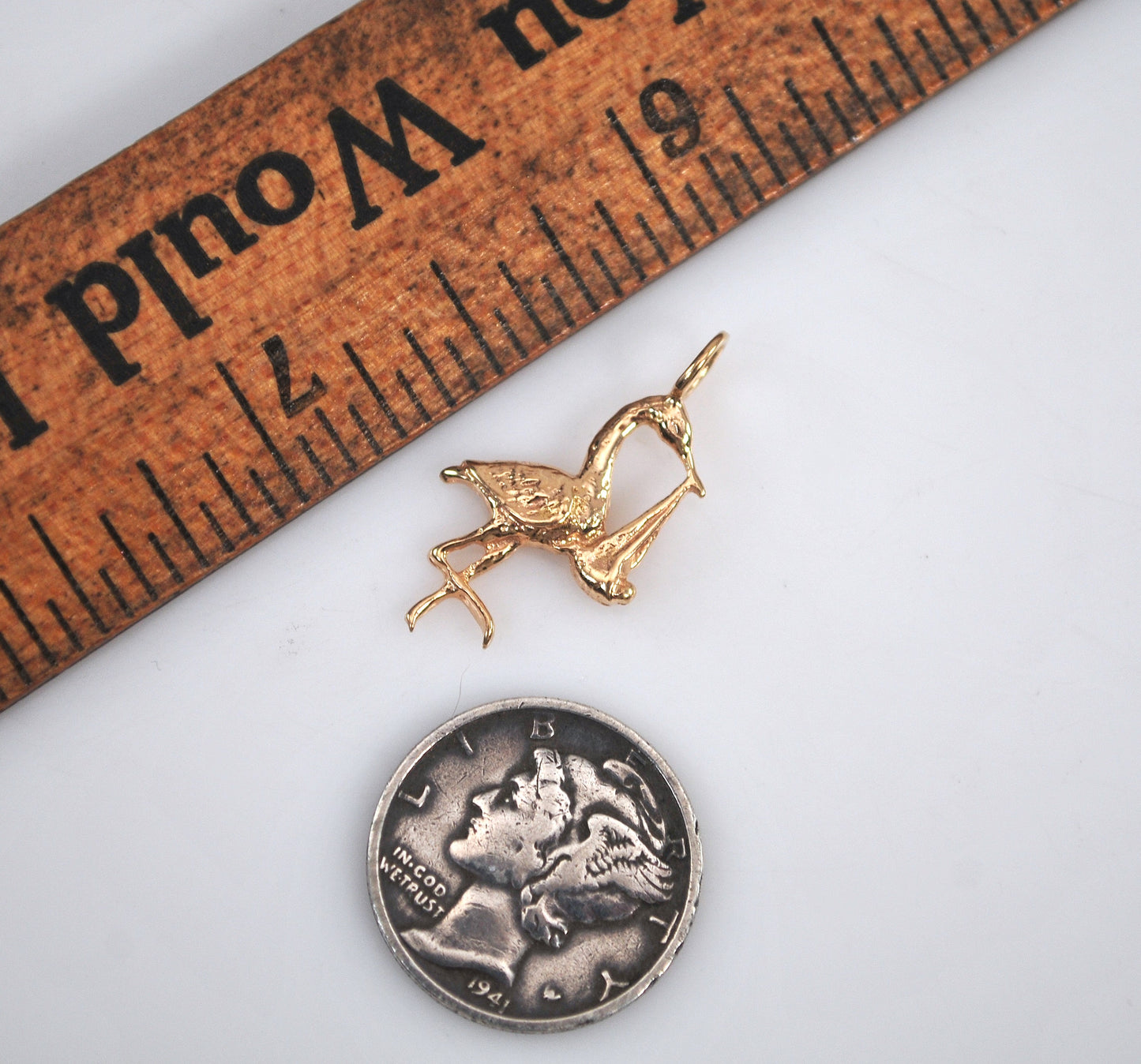SMALL 14K Gold Stork with Baby Charm Pendant