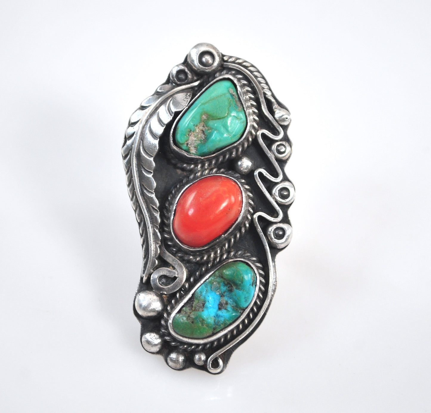 Huge Signed Navajo Sterling Silver Turquoise Coral Leaf Ring