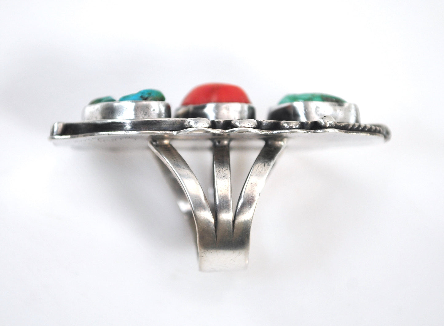 Huge Signed Navajo Sterling Silver Turquoise Coral Leaf Ring