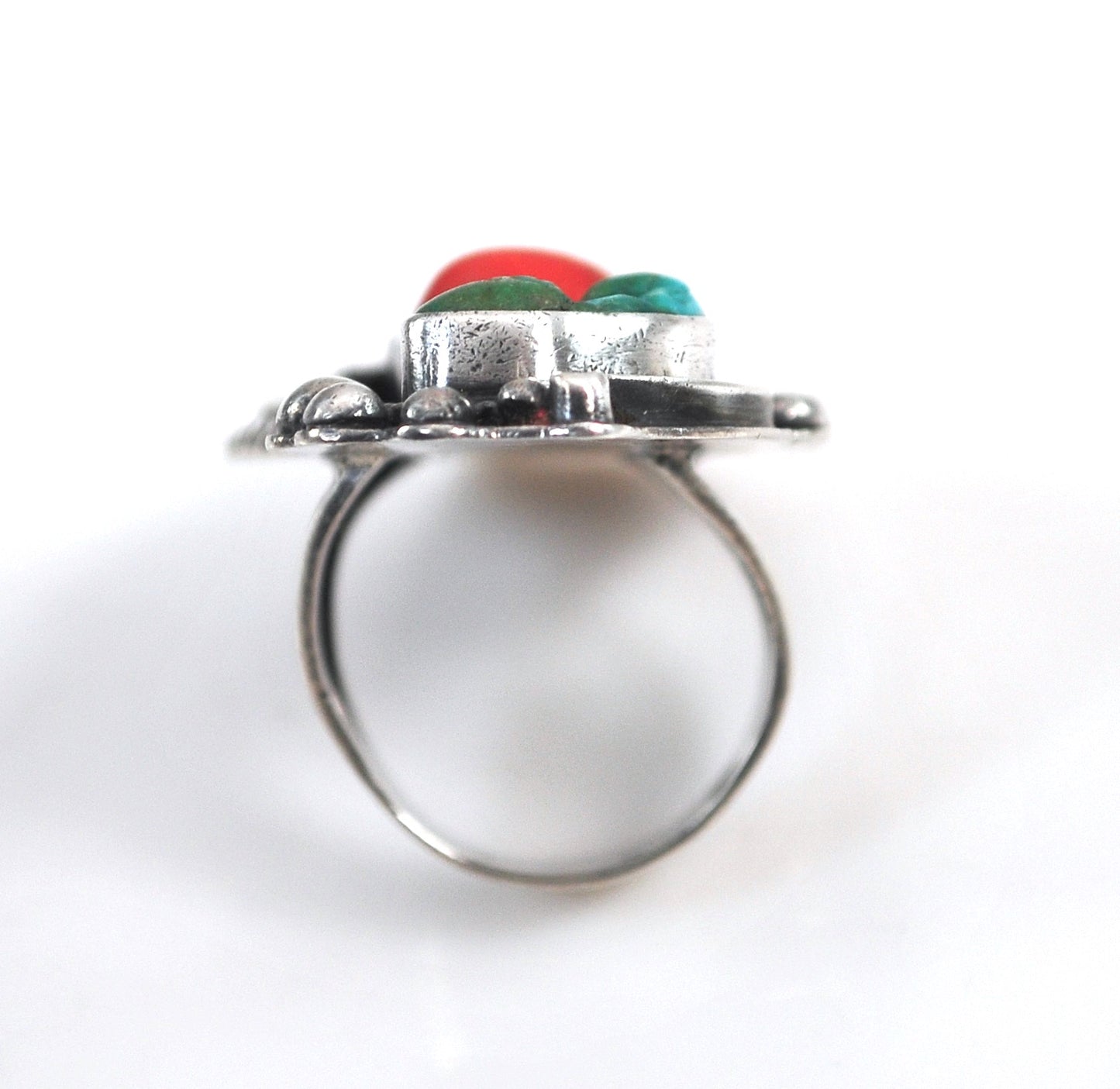 Huge Signed Navajo Sterling Silver Turquoise Coral Leaf Ring