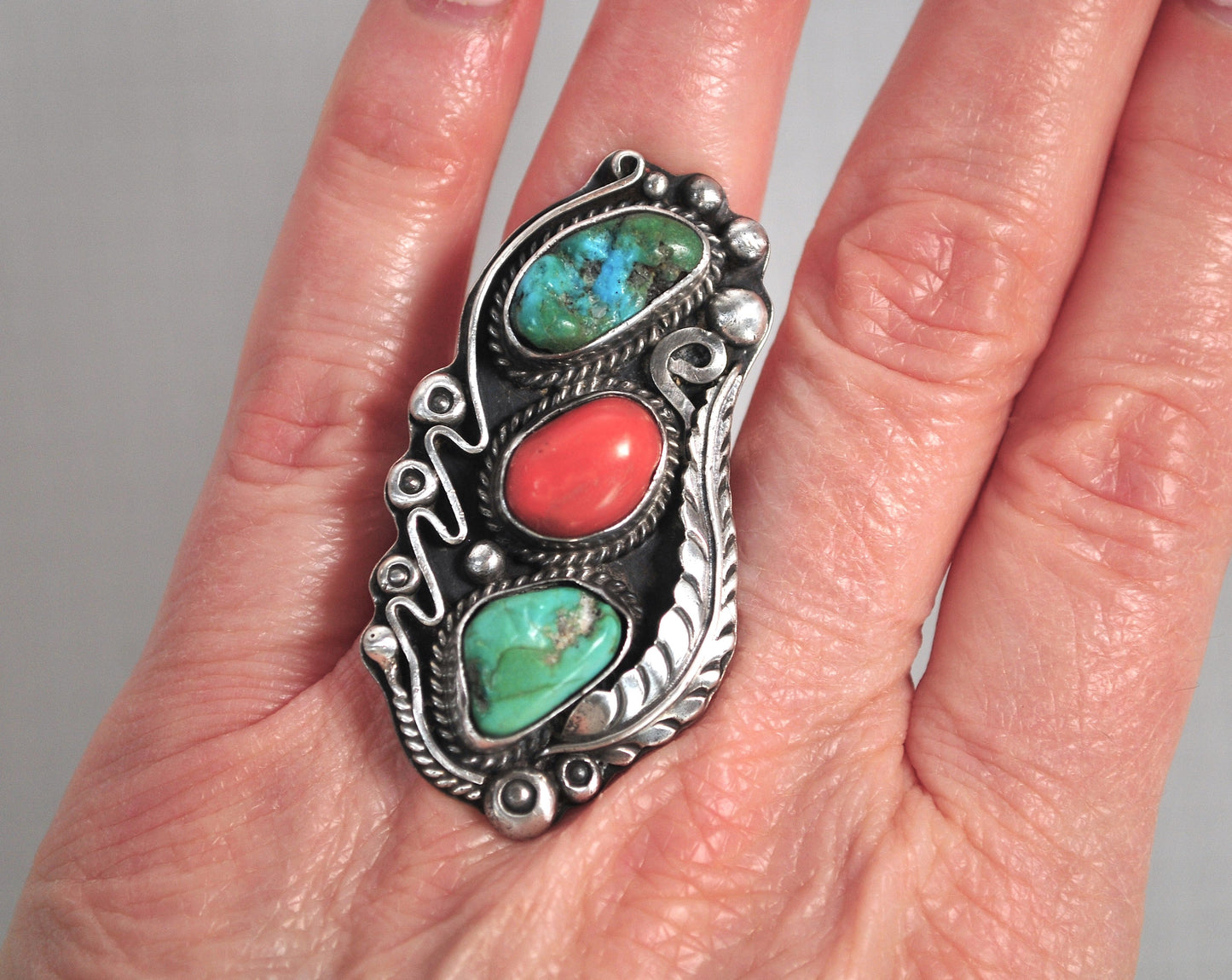 Huge Signed Navajo Sterling Silver Turquoise Coral Leaf Ring