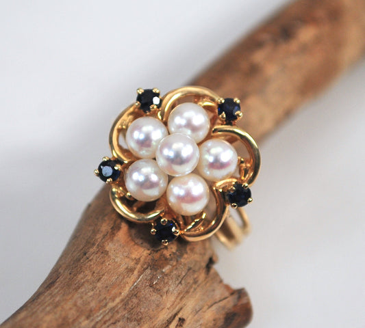 14K Gold Pearl Sapphire Ring