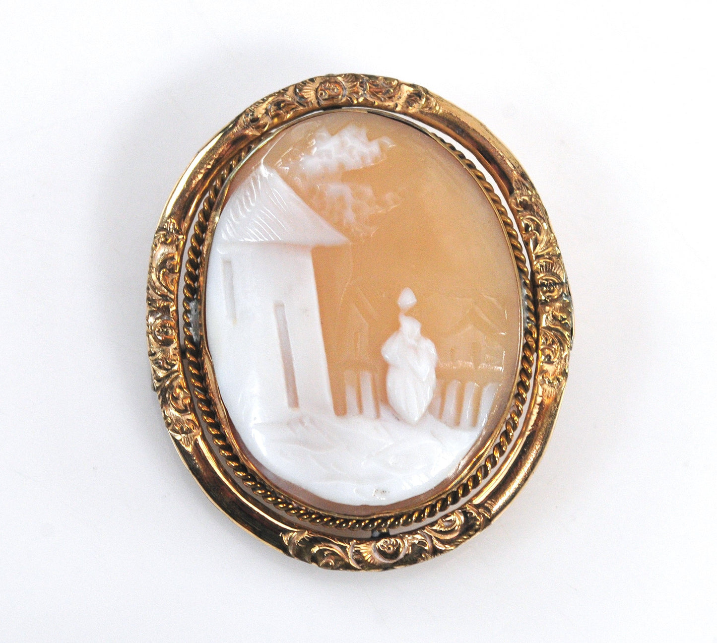Antique Gold Filled Carved Scenic Carved Shell Cameo Brooch