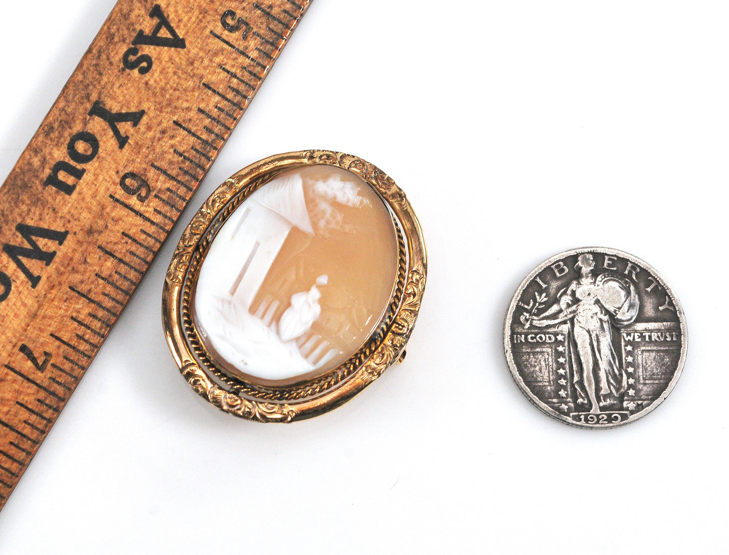 Antique Gold Filled Carved Scenic Carved Shell Cameo Brooch