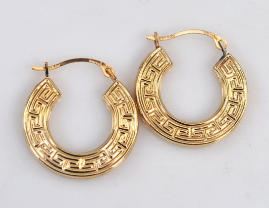 Signed 14K Gold Greek Key Hoop Earrings