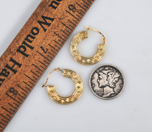 Signed 14K Gold Greek Key Hoop Earrings