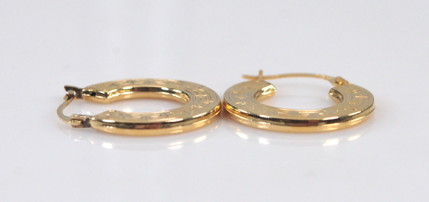 Signed 14K Gold Greek Key Hoop Earrings