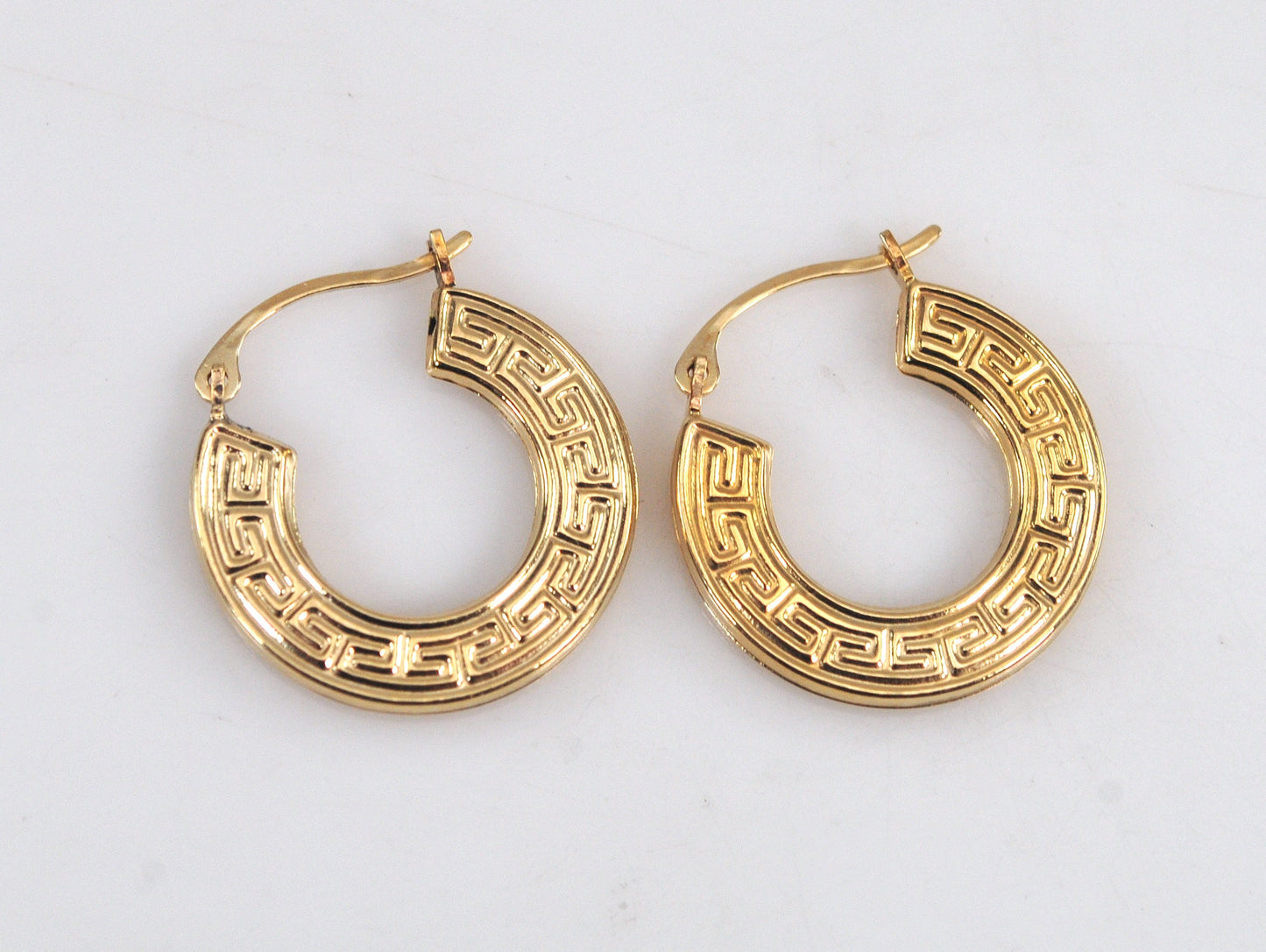 Signed 14K Gold Greek Key Hoop Earrings