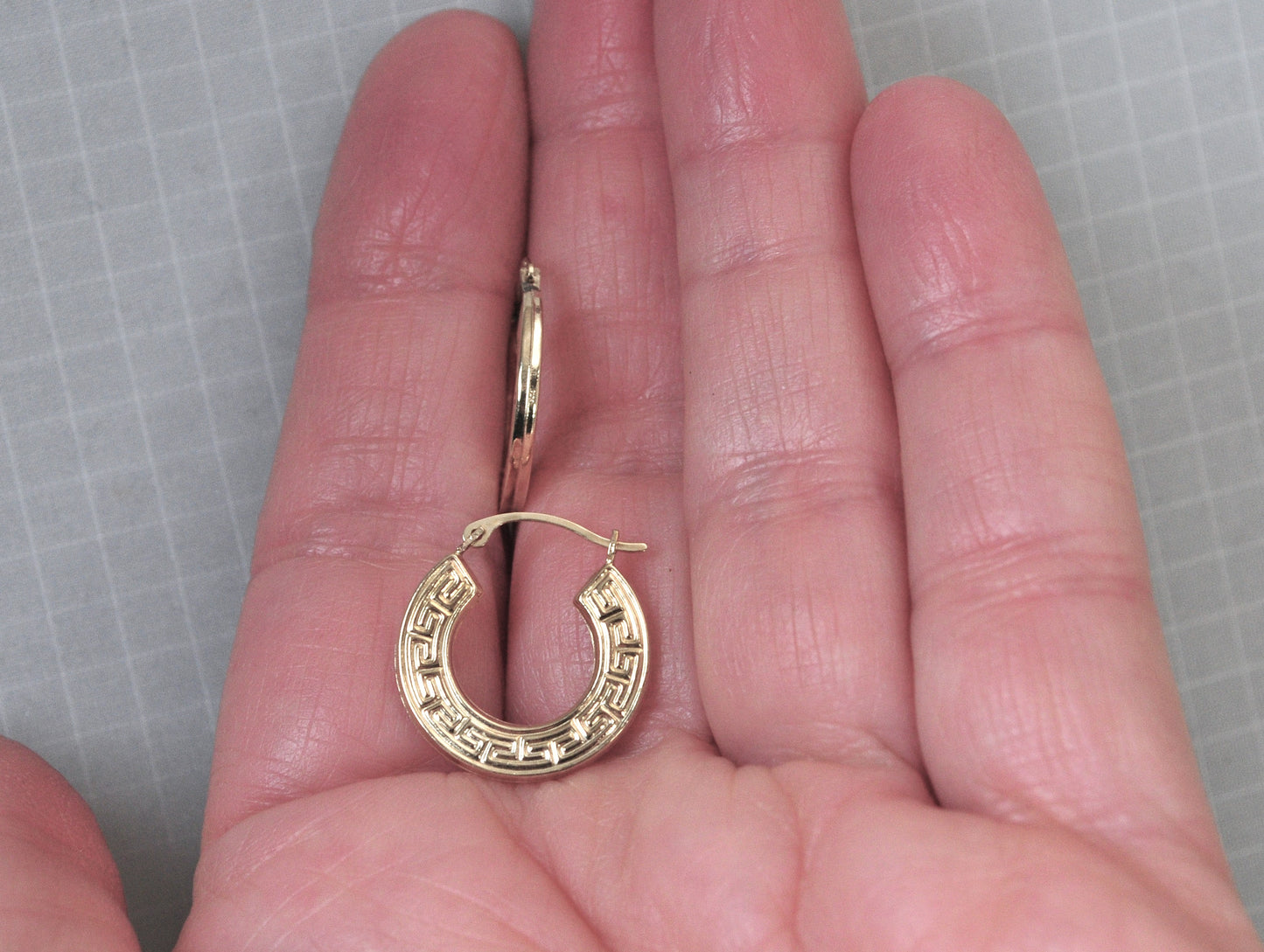Signed 14K Gold Greek Key Hoop Earrings
