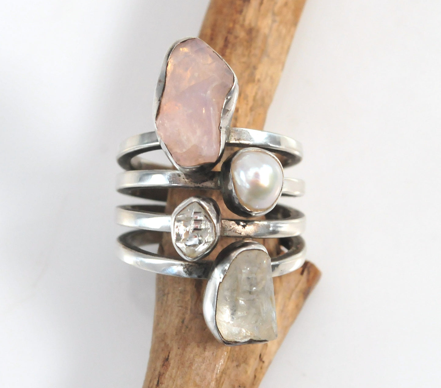 Lilly Barrack Sterling Silver Modernist Quartz Pearl Herkimer Diamond Ring