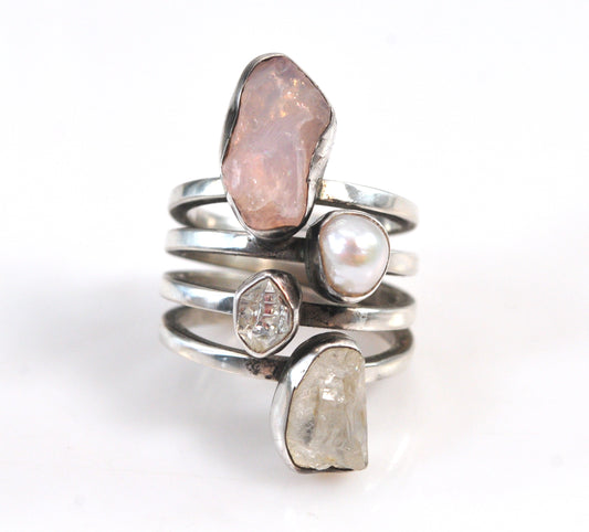 Lilly Barrack Sterling Silver Modernist Quartz Pearl Herkimer Diamond Ring