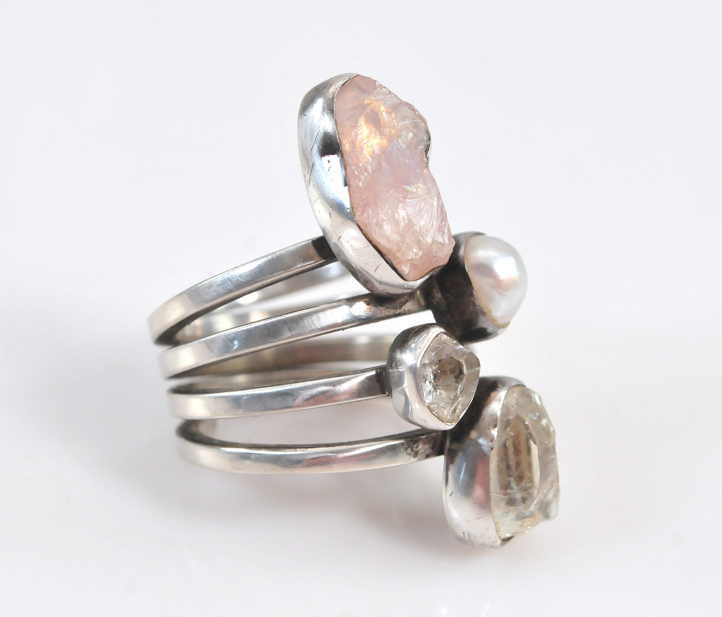 Lilly Barrack Sterling Silver Modernist Quartz Pearl Herkimer Diamond Ring