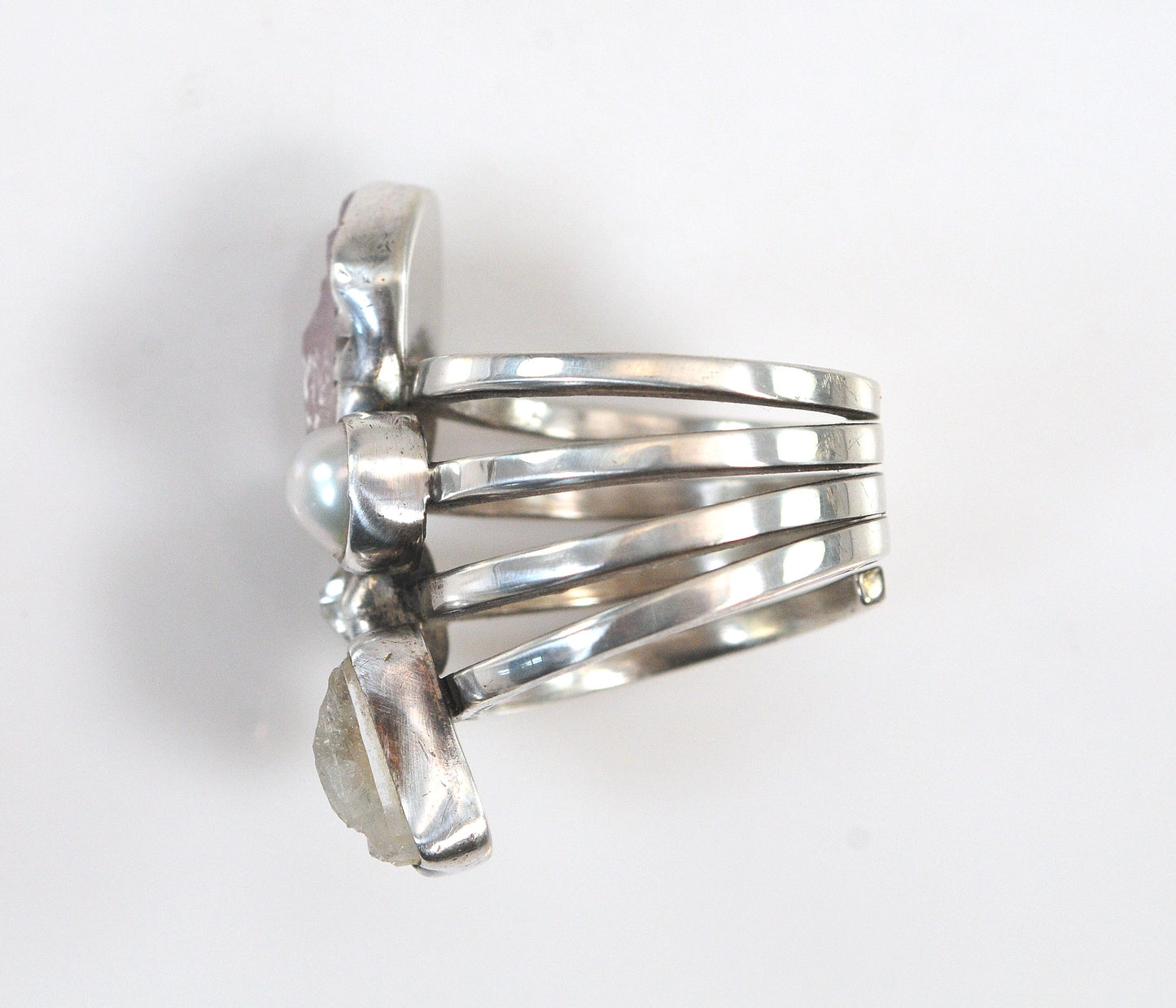 Lilly Barrack Sterling Silver Modernist Quartz Pearl Herkimer Diamond Ring