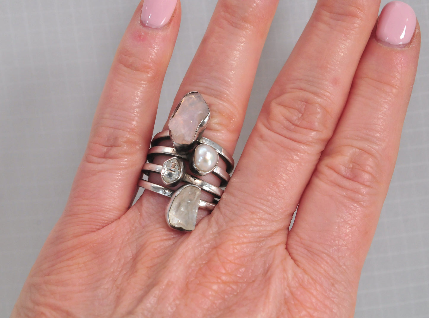 Lilly Barrack Sterling Silver Modernist Quartz Pearl Herkimer Diamond Ring