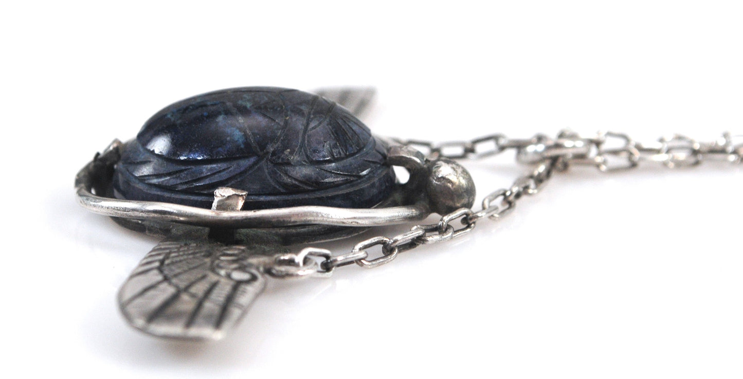 Vintage Sterling Silver Winged Scarab Necklace