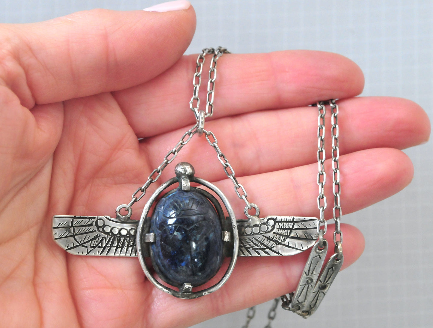 Vintage Sterling Silver Winged Scarab Necklace