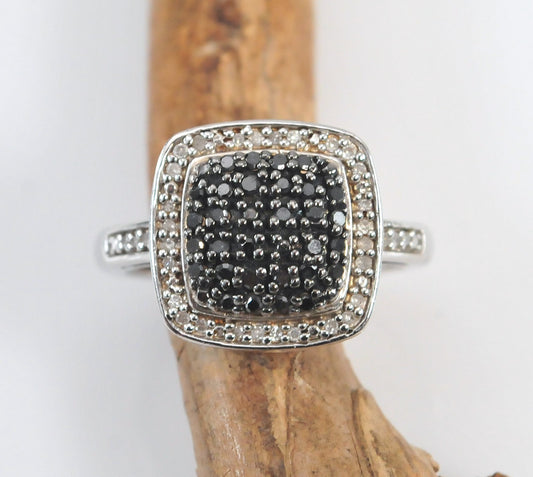 Designer Sterling Silver Black and White Diamond Ring