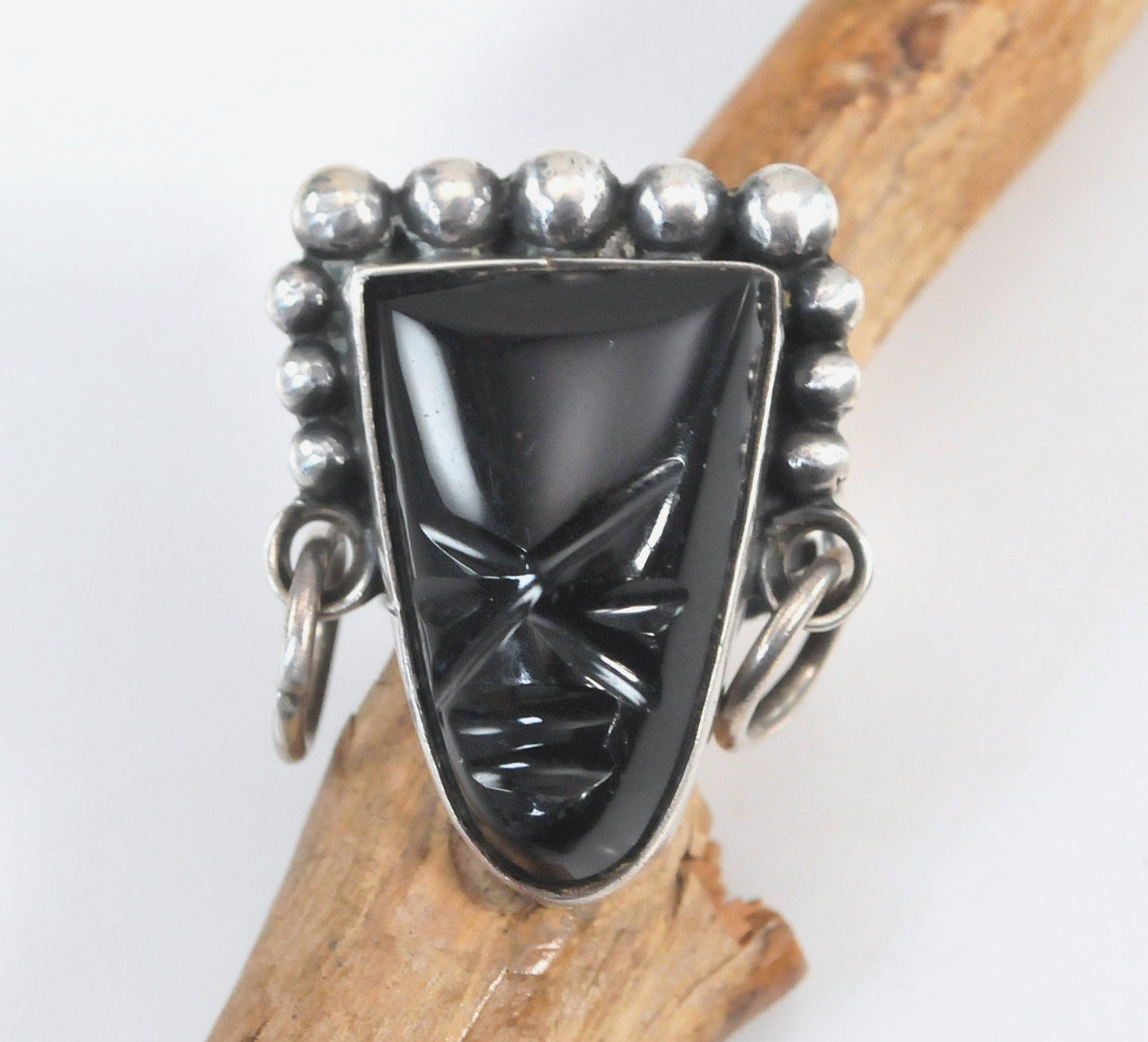 Vintage Sterling Silver Carved Onyx Tribal Ring