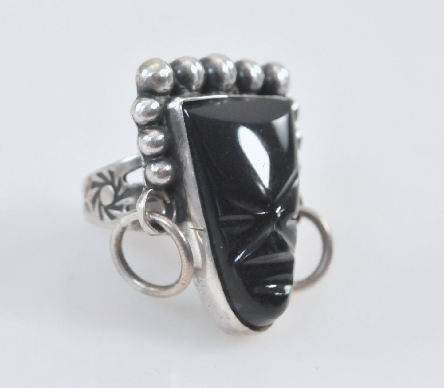 Vintage Sterling Silver Carved Onyx Tribal Ring