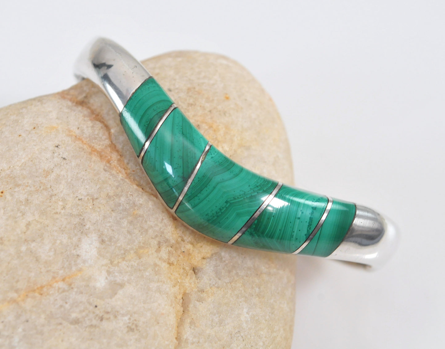 Taxco 950 Silver Malachite Bangle Bracelet