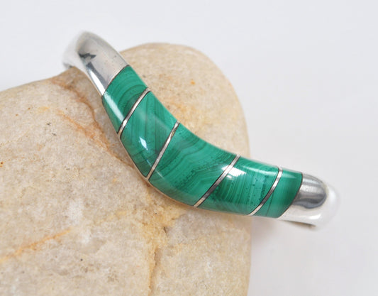 Taxco 950 Silver Malachite Bangle Bracelet