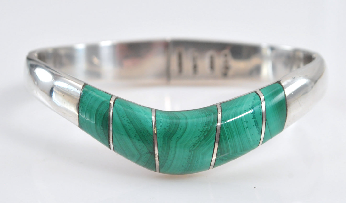 Taxco 950 Silver Malachite Bangle Bracelet