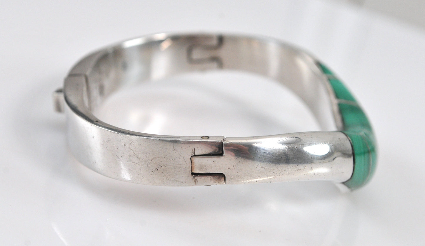 Taxco 950 Silver Malachite Bangle Bracelet