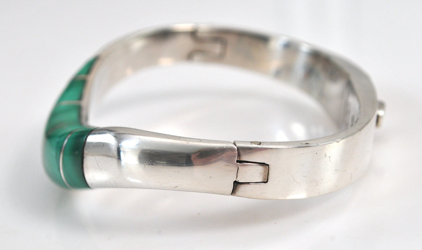 Taxco 950 Silver Malachite Bangle Bracelet