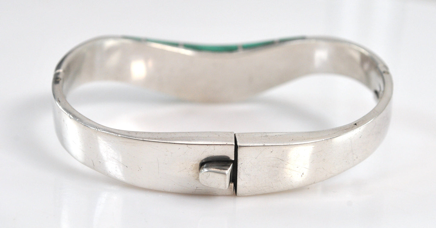 Taxco 950 Silver Malachite Bangle Bracelet