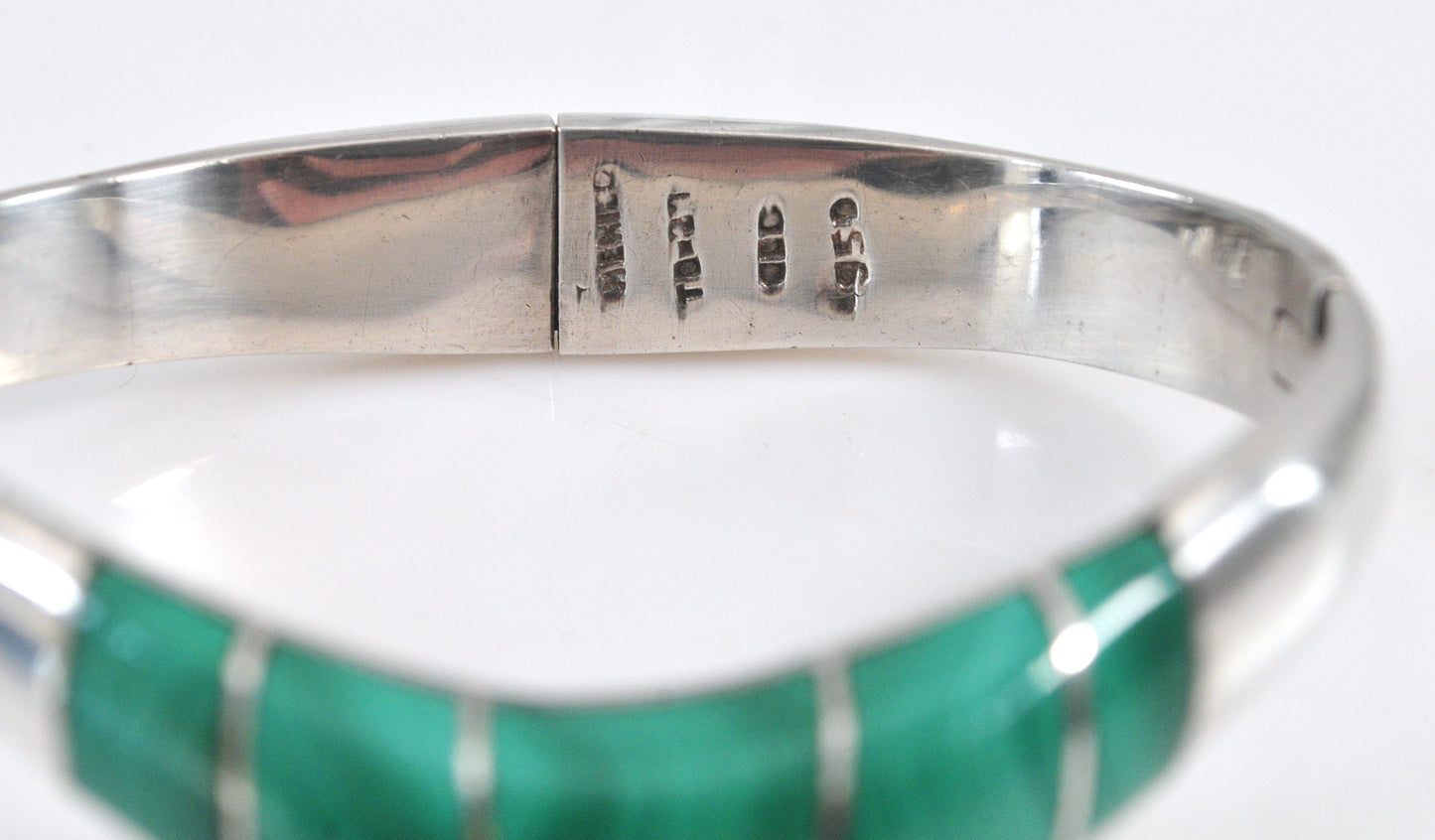Taxco 950 Silver Malachite Bangle Bracelet