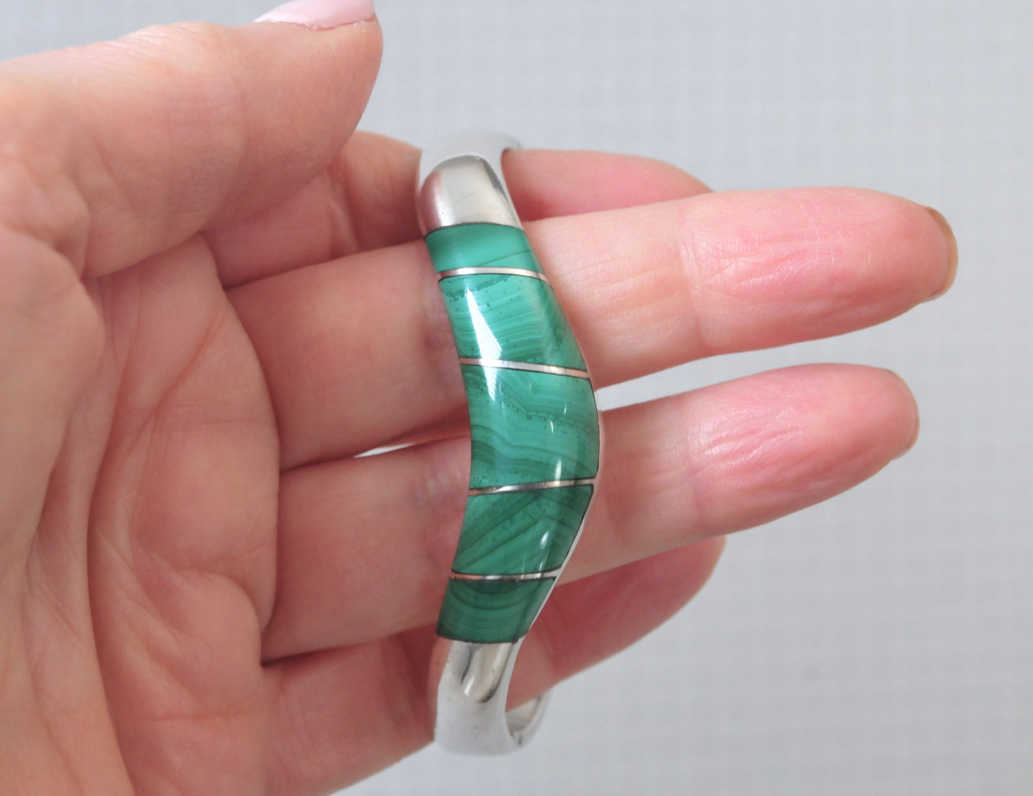Taxco 950 Silver Malachite Bangle Bracelet
