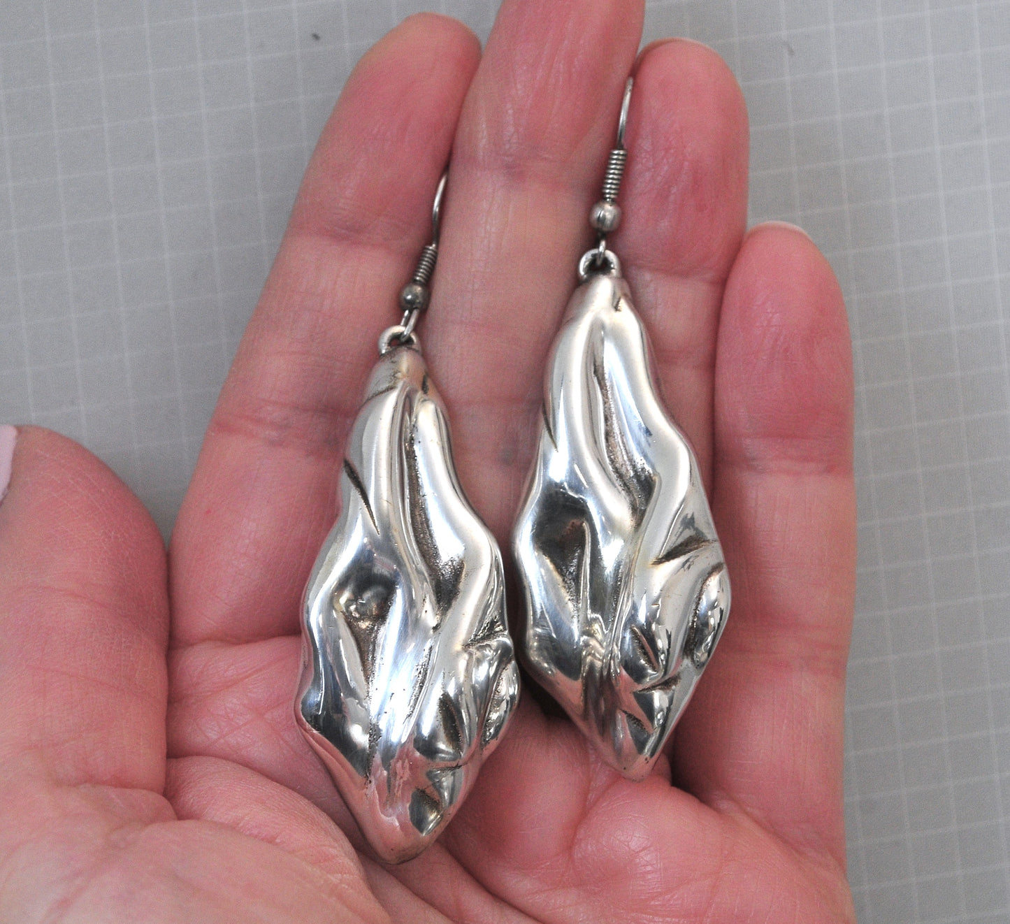 Long Sterling Silver Molten Sculpted Earrings